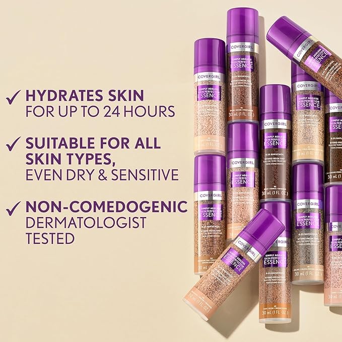 Covergirl Simply Ageless Skin Perfector Essence Foundation, 30 Light-Medium,Tinted Skincare Makeup Hybrid, Sheer Tint, Radiant Finish, Glowy Finish, Vegan Formula, 1.0oz
