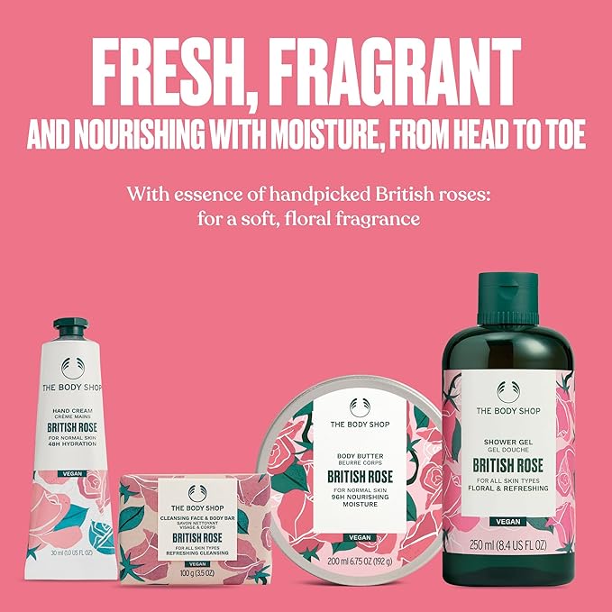 The Body Shop British Rose Collection Gift Set - 4 Piece Set, Shower Gel, Body Butter, Hand Cream, Bar Soap, Vegan
