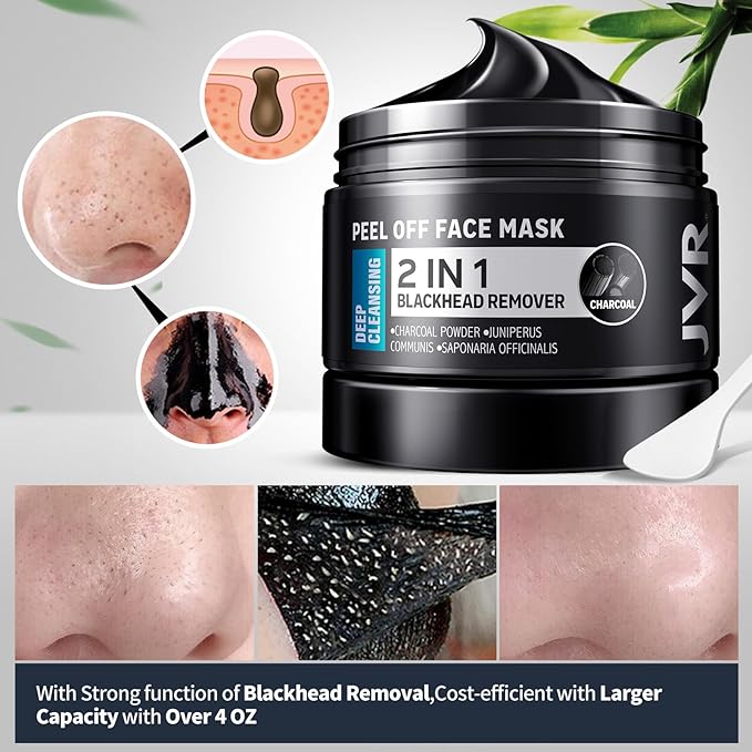 JVR Peel Off Face Mask, Blackhead Remover Mask for Men, Charcoal Peel Off Black Mask, Facial Mask Purifying and Deep Cleansing for All Skin Types 8.46 OZ