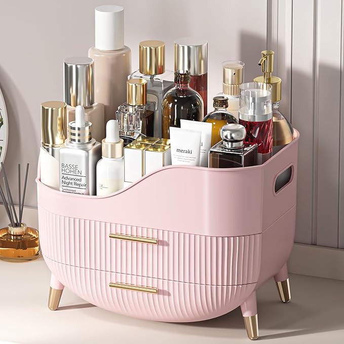 Makeup Organizer for Vanity, Large Capacity Skincare Cosmetic Organizer Countertop with 2 Drawers, Cosmetic Display Cases Makeup Storage Box for Bedroom, Bathroom, Ideal Gifts for Women(Pink)