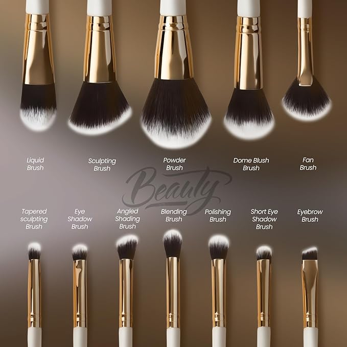 Makeup Brushes Set 12 Piece Professional & Beginner Friendly, Soft Synthetic Bristles for Face Eyeshadow Blending, Easy to Clean Travel Ready with Case, Ergonomic Wooden Handle (Dark White)