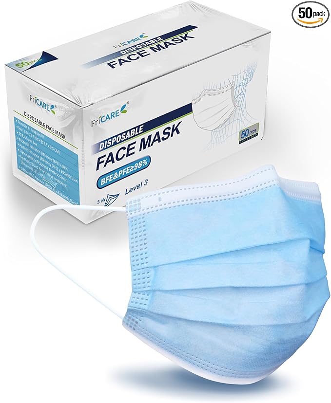 FriCARE Disposable Face Masks, 3-Ply ASTM Level 3 Medical Grade, Breathable & Comfortable for Adult Daily Work/Sun Protection, 50 Pack Blue