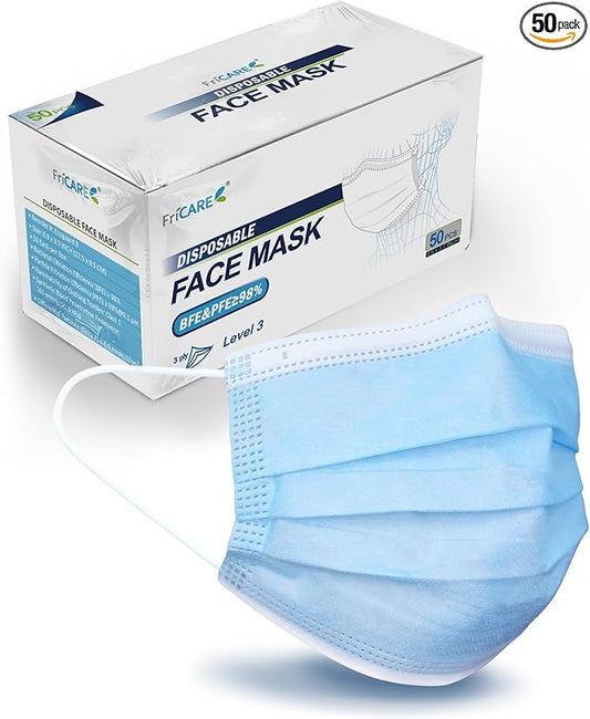 FriCARE Disposable Face Masks, 3-Ply ASTM Level 3 Medical Grade, Breathable & Comfortable for Adult Daily Work/Sun Protection, 50 Pack Blue