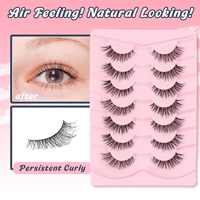 Wipsy Lashes Cat Eye 14MM False Eyelashes Natural Look C Curl Lash Strips 3D Volume Fake Eyelashes Thin Band Wispy Lashes Pack Siligli 7 Pair