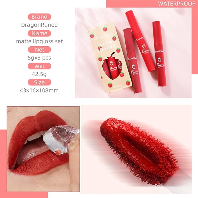 Sulily 3Pcs Dark Red Matte Lipstick Set,Red Matte Lipstick Long Lasting for Women,Velvet Air Moisture Smooth Crayon Lip Stain,24 Hours Wear Non-Stick Cup Not Fade Waterproof Lip Gloss Makeup