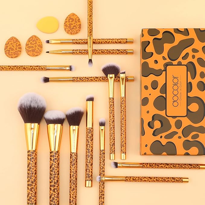 Docolor Makeup Brushes Leopard 14pcs Premium Synthetic Foundation Powder Concealers Eye shadows Blush Makeup Brush Set with 4pcs Makeup Puffs