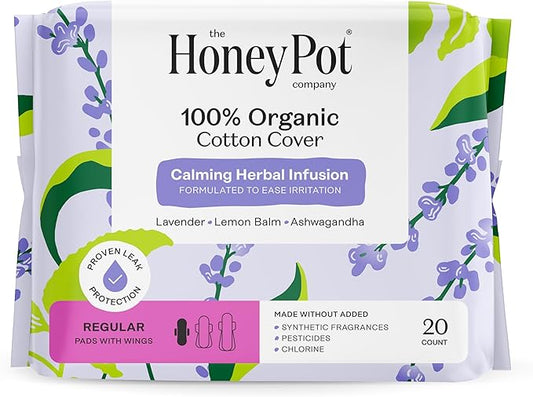 Honey Pot 100% Organic Cotton Cover Calming Herbal Infusion Regular Pads, 20 Count