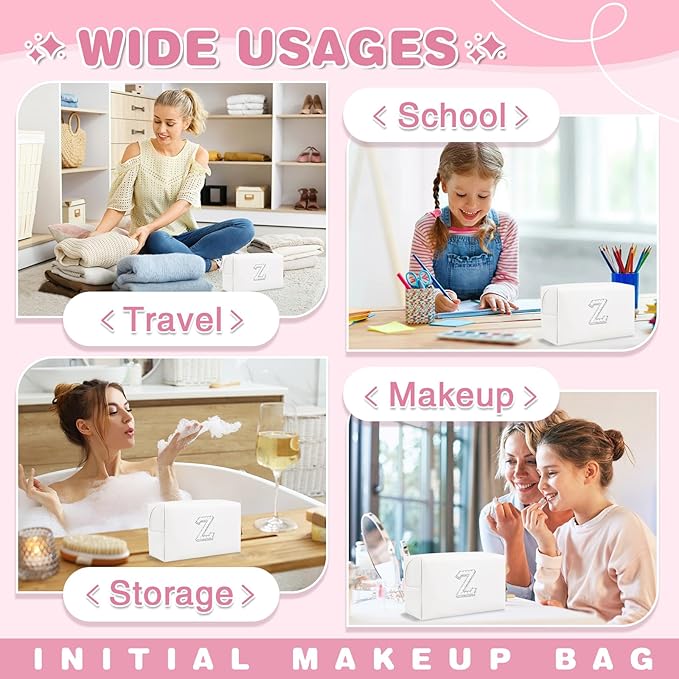 Bride Gifts – Personalized Initial Makeup Bag with Pearl Rhinestone Patch, Preppy White Monogram Cosmetic/Toiletry Pouch, bridesmaid Gifts, Bridal Shower Gifts, Wedding Gifts, Bridal Gifts,Z