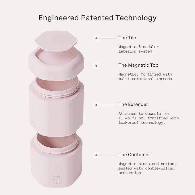 Cadence Travel Containers - Full Skincare Set - Magnetic Containers with Lids,Carry On Travel Essentials For Women/Men - 2 Small (0.56oz), 4 Medium Capsules (1.32oz), & Extender (1.43oz) - Petal