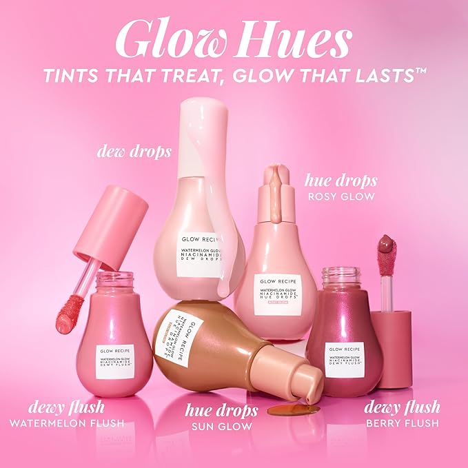 Glow Recipe Glow Hues Collection Kit - Niacinimide Dewy Flush Watermelon & Berry Tinted Serum (15 ml/ea), Hue Drops Rosy Glow & Sun Glow Serum (40 ml/ea), Watermelon Niacinamide Dew Drops (40 ml)