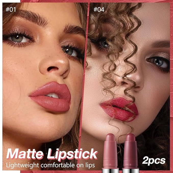 2Pcs Matte Lipstick Crayon Set for Women, Long Lasting Waterproof Velvet Lip Liner Pencil, High Pigment Creamy Lipstick, Longwear Non-Drying Lip Makeup Cruelty-free 24 Hours Original, 01#+04#