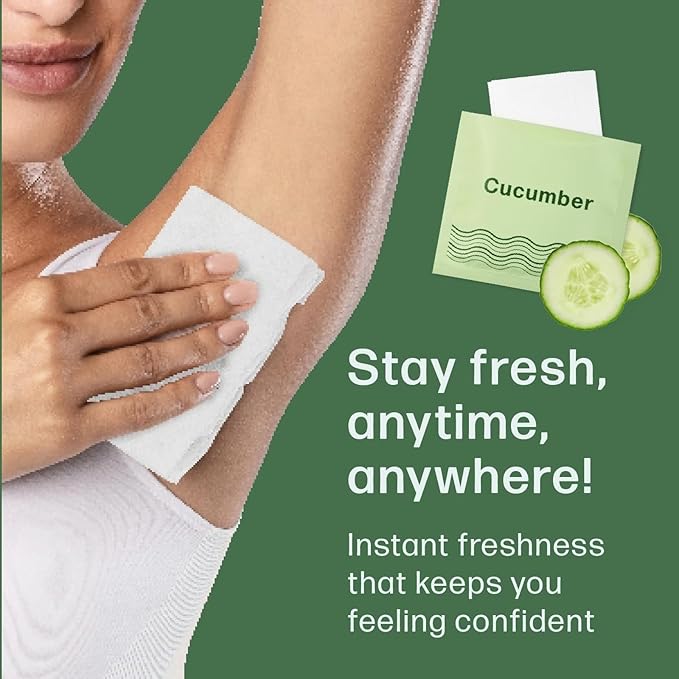Refresh Deodorant Wipes - 50 Individually Wrapped Wet Wipes for Body, Face, and Armpits - Travel Size Toiletries for Men and Women - Aluminum, Paraben, and Sulfate Free (Cucumber Scent)