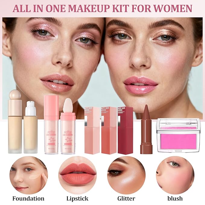 Ponhey All In One Makeup Kit For Woman Girls Teens, Makeup Gift Set for Beginners Teenager with Eyeshadow Lipstick Mascara Portable Cosmetic Bag