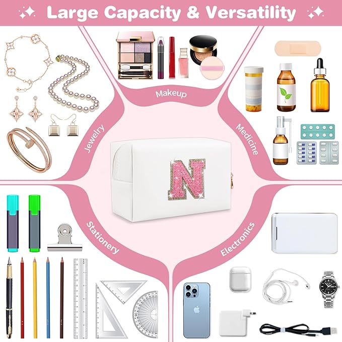 Small Initial Patch Makeup Bag Personalized Gifts Make Up Bag,White Cute PU Leather Glitter Letter Cosmetic Bag with Zipper,Trendy Portable Travel Toiletry Pouch,Preppy Stuff for Teen Girls Women N