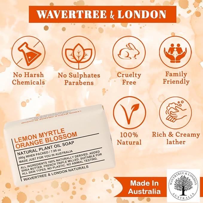 Wavertree & London Lemon Myrtle & Orange Blossom Scented Natural Soap Bars (2 Bars), 7oz Moisturizing French Triple Milled Soap enriched with shea butter - Bath & Body Bars [100% Naturally derived]