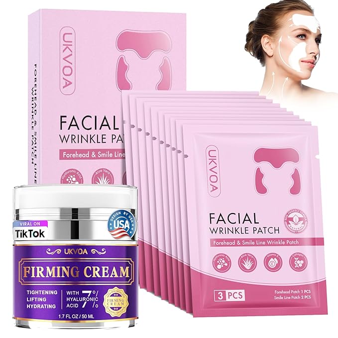 Forehead Wrinkle Patches & Smile Line Patches, Overnight Facial Wrinkle Treatment with Hyaluronic Acid, Aloe, Collagen & Vitamin E to Lift Smile Lines for Women 36pcs with Neck Firming Cream