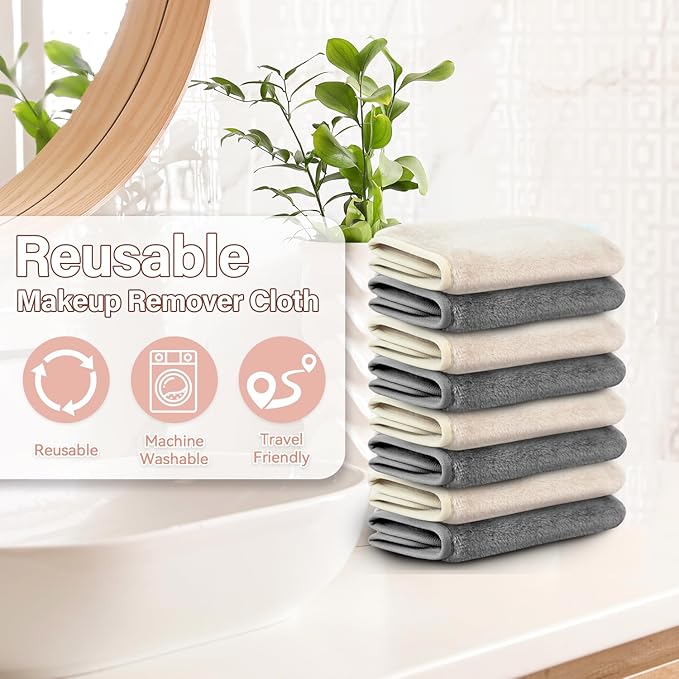 Nugilla Reusable Face Wash Cloths, 8 Pack Soft Microfiber Makeup Remover Towels for Women (Beige/Cool Grey)