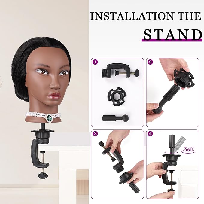 Beauty Star Mannequin Head, Manikin Doll Head 80% Real Human Black Hair for Styling, Cosmetology Makeup Hairdressing Training Practice Head with Clamp Stand and DIY Hair Styling Braiding Set