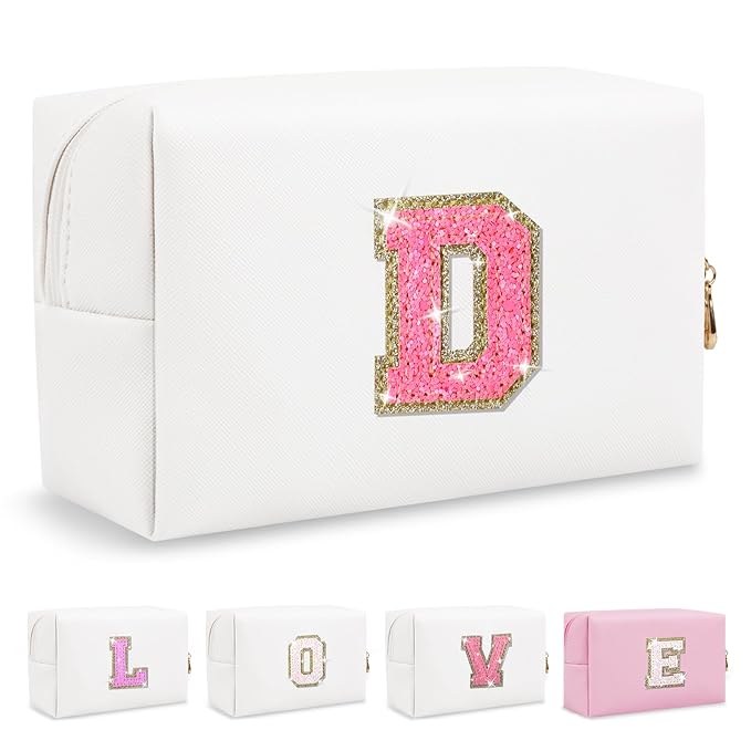 Small Personalized Initial A-Z Patch Makeup Bag,White Cute PU Leather Glitter Letter Cosmetic Bag for Teen Girls,Travel Toiletry Bag with Zipper,Preppy Monogrammed Birthday Gift for Daughter Niece D