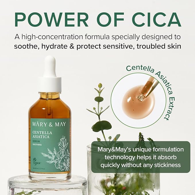Mary&May Korean Centella Asiatica Serum 95% Pure Extract - Skin Soothing Facial Serum for Irritated Skin - Fast-Absorbing Non-Sticky, EWG Green Grade Fragrance Free, Korean Skincare, 2.71 fl.oz.