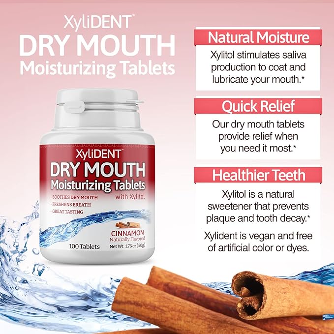 Nature's Stance XyliDENT Xylitol Tablets for Dry Mouth Relief - Stimulates Saliva, Freshens Breath, Reduces Acid Production, Fast Acting Relief, 100 Count (Cinnamon)