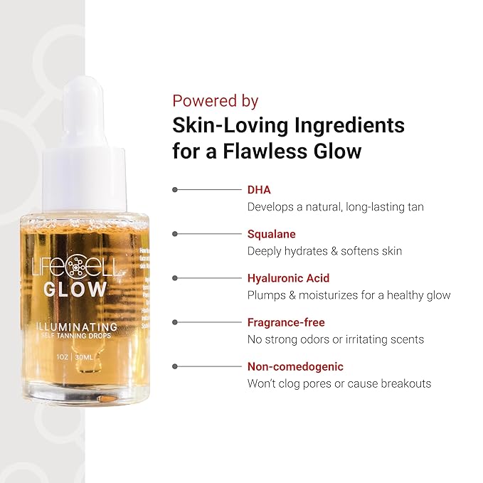 LifeCell Glow Self-Tanning Drops for Face & Body, DHA & Squalane Formula, Customizable Tan, Streak-Free, Hydrating, Fragrance-Free, Non-Comedogenic, Safe for All Skin Types, 1 Fl Oz