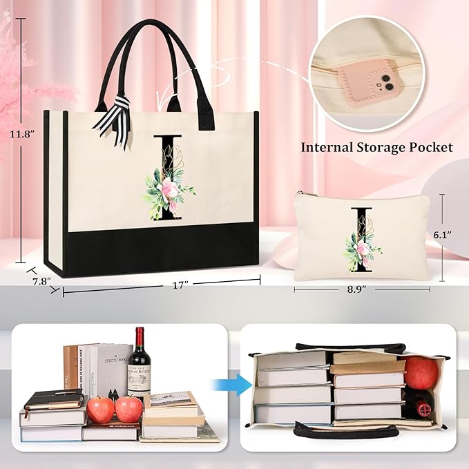 AYGE Personalized Initial Canvas Beach Tote, Monogrammed Gifts for Women, Makeup Bag, Birthday Gifts for Sister, Mom, Teacher, Bridesmaid