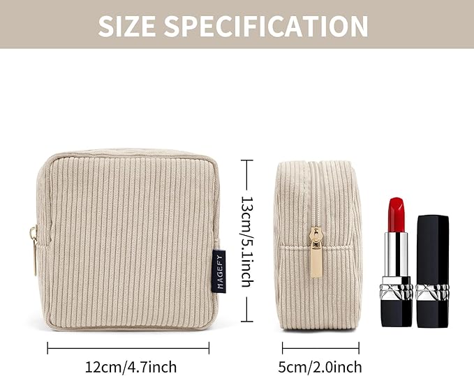 MAGEFY Small Makeup Bag for Purse Mini Cosmetics Bag Corduroy Cute Cosmetic Pouch for Women with Slip-in Pockets