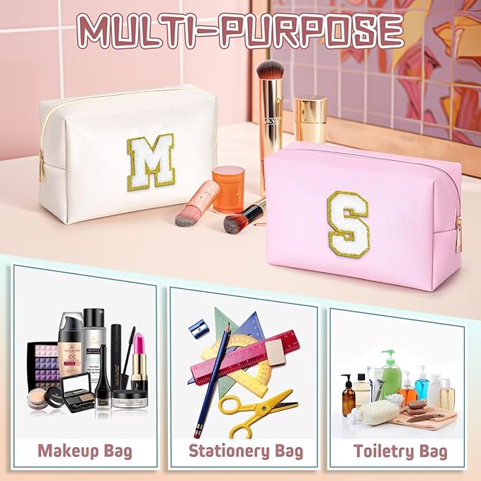 TOPEAST Monogrammed Gift for Women Girls, Personalized Initial Makeup Bags Cosmetic Bag with Zipper, Cute Makeup Pouch, PU Leather Waterproof Toiletry Bag, Preppy Gifts Stuff for Girl (White E)