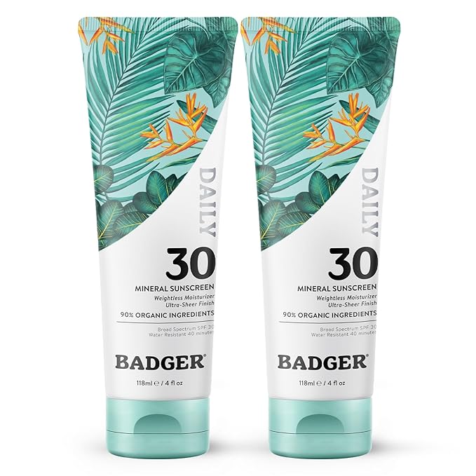 Badger Mineral Daily Sunscreen with Zinc Oxide, SPF 30, Lightweight & Easy to Apply w/No White Cast, Moisturizing Organic Sunscreen, Reef Safe, Vegan, Unscented, 4 fl oz, 2-Pack