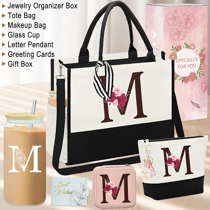 Birthday Gifts for Women,Initial Canvas Tote Bag,Gifts for Women,16oz Initial Glass Cup,Makeup Bag with Zipper,Jewelry Organizer Box,Personalized Gift for Mom-M