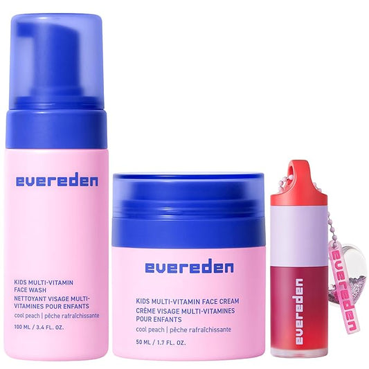 Evereden Happy Kids Skin & Lips Routine - Multi-Vitamin Face Wash & Face Cream Peach & Tinted Lip Oil Ruby Red Set - Clean & Vegan Skin Care for Kids 3+ - Moisturizing, Nourishing, & Protective