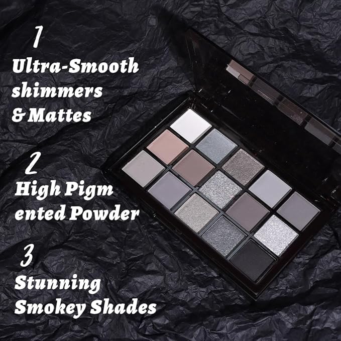 15 Colors Black Gray Silver Matte Shimmer Eyeshadow Palette for Eye Makeup,High Pigmented Brown White Eye Shadow Primers Powder Palet de sombras de ojos