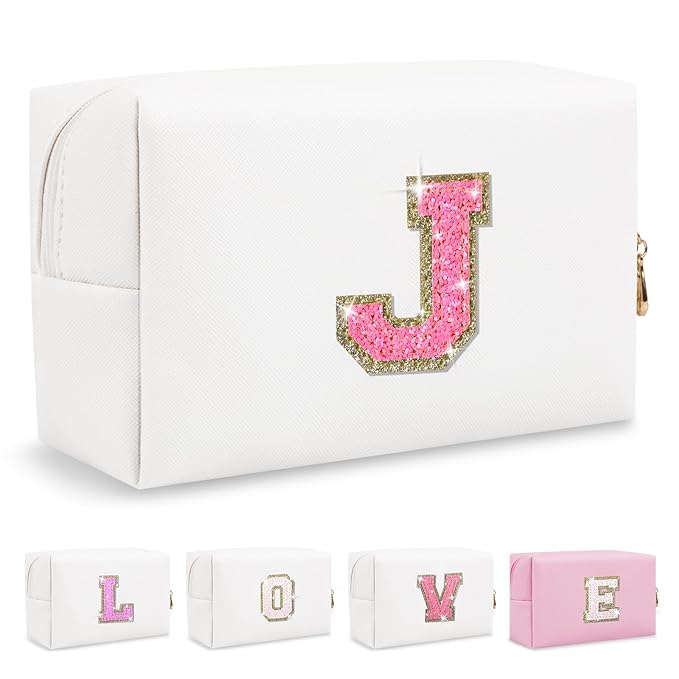 Small Personalized Initial A-Z Patch Makeup Bag,White Cute PU Leather Glitter Letter Cosmetic Bag for Teen Girls,Travel Toiletry Bag with Zipper,Preppy Monogrammed Birthday Gift for Daughter Niece J