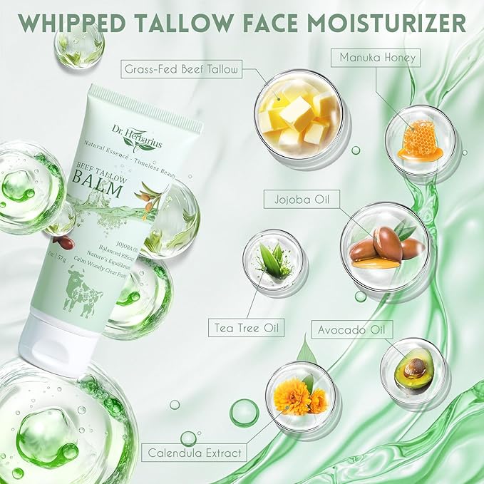 Beef Tallow for Face - Natural Tallow and Honey Balm for Eczema Skin with Organic Jojoba Oil, Suitable for Sensitive Skincare, Balanced Effacacy, Deep Nourishment, Herbal Fragrance, 2 Oz.