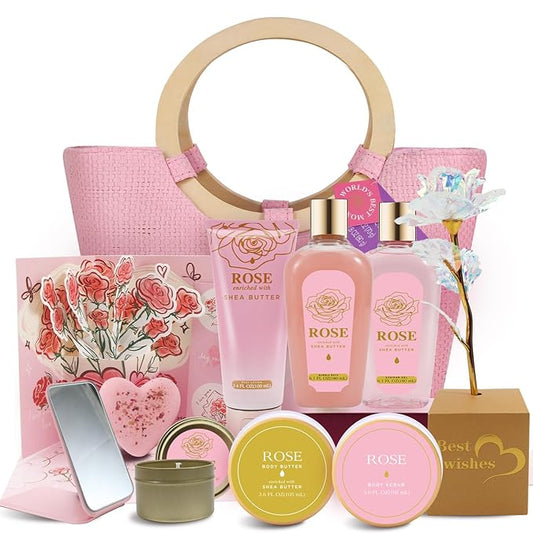 Spa Luxetique Gift Baskets for Women, Mothers Day Gifts for Mom, 11pcs Rose Sets, Relaxing Bath Sets for Women