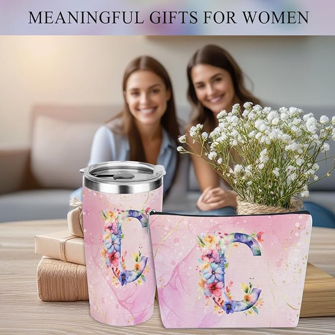 Personalized Gifts Monogrammed Birthday Gifts for Women, Cowerker Wife Sister Wedding Christmas Initial 20 oz Tumbler, Makeup Bag Cup Ballpoint Pens Journal Notebook 6 Set, (Aesthetic Pink Flower C)