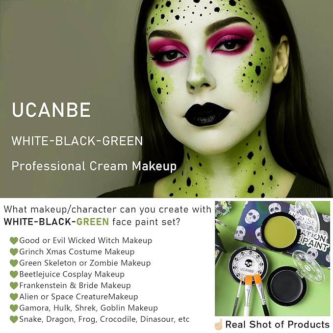 White Foundation + Black Green Face Body Paint with Painting Brushes Halloween Makeup Set, Kids Adults Facepaint Kit for Witch Monster Grinch Shrek Hulk Alien Special Effects Make Up Cosplay Party