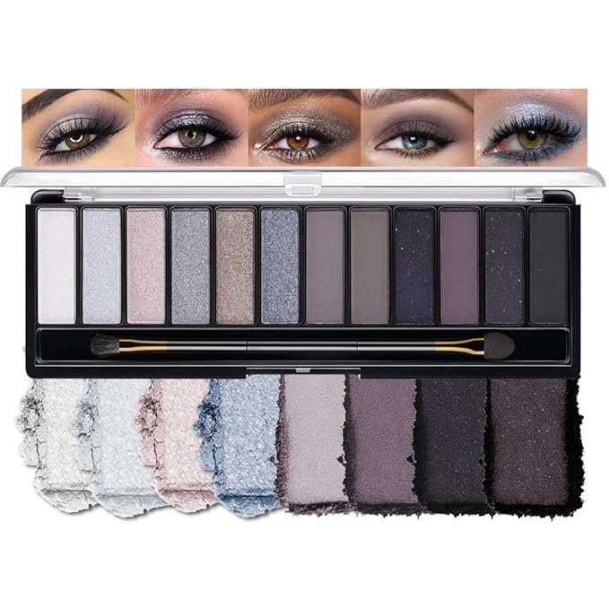 12 Colors Cool Tone Eyeshadow Palette – Matte, Shimmer & Glitter Gray Blue Eye Makeup Kit – Smokey Plum, Taupe, Lavender, Silver & Midnight Blue Shades – Waterproof, High Pigment Palette for Women 03#