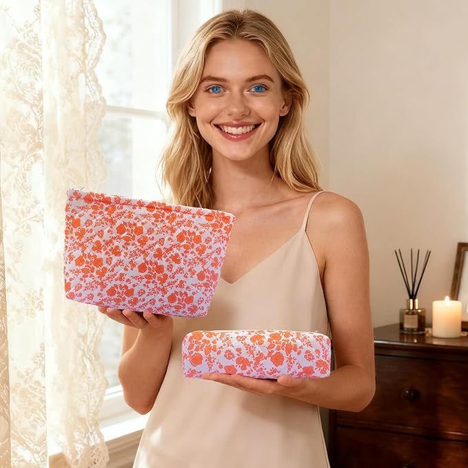 3 Piece Orange Quilted Floral Makeup Bag Set Small Cosmetic Bag For Women Cute Cotton Makeup Pouch For Purse