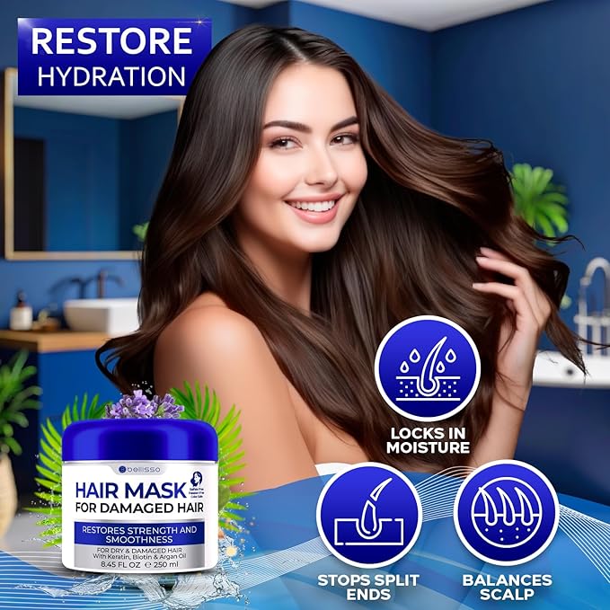 BELLISSO Hair Mask for Damaged Hair - Deep Conditioning and Moisturizing Repair Treatment for Dry Split Ends and Breakage - Hydrating Moisturizer Products for Women and Men - 8.45 Fl Oz