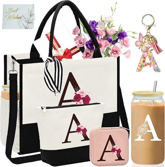 Birthday Gifts for Women,Initial Canvas Tote Bag,Initial Gift for Women,16oz Initial Glass Cup,Initial Makeup Bag with Zipper,Jewelry Organizer Box,Personalized Gifts for Mom-A