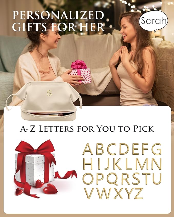 Bridesmaid Gift, Initial Makeup Bags, Personalized Double Layer Cosmetic Bag with Makeup Brush Organizer, Waterproof, Large Capacity PU Leather Travel Toiletry Bag