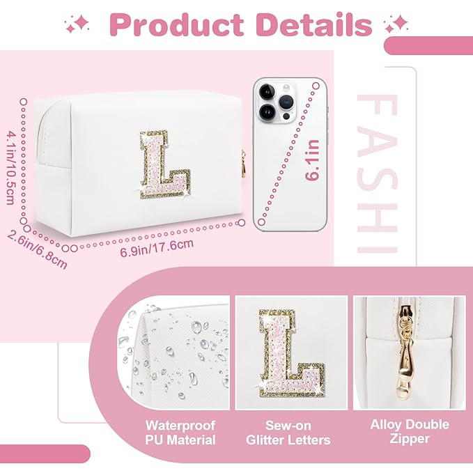 Small Initial Patch Makeup Bag Personalized Gifts Make Up Bag,White Cute PU Leather Glitter Letter Cosmetic Bag with Zipper,Trendy Portable Travel Toiletry Pouch,Preppy Stuff for Teen Girls Women L