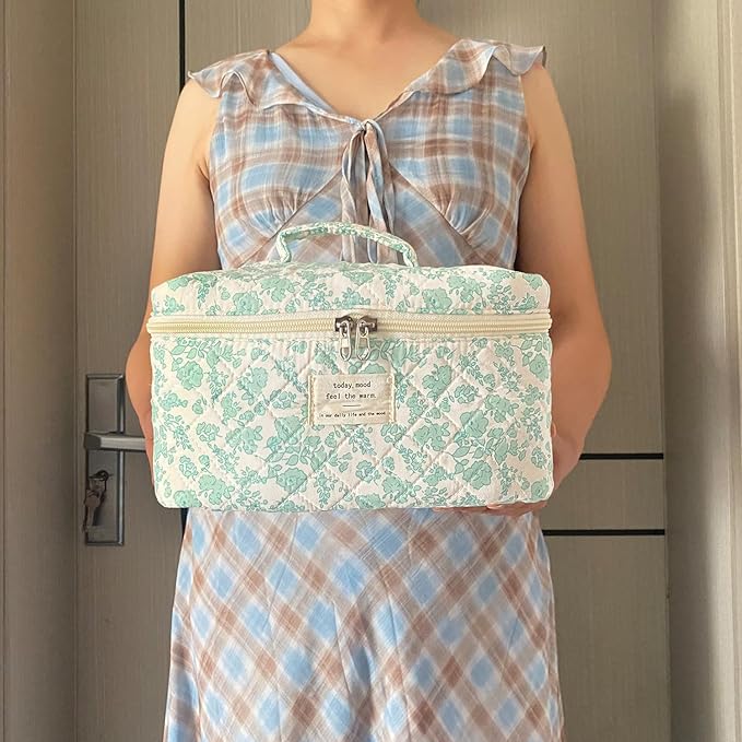 Green Large Quilted Floral Makeup Bag Cute Soft Coquette Aesthetic Cosmetic Bag Cotton Travel Toiletry Bag for Women