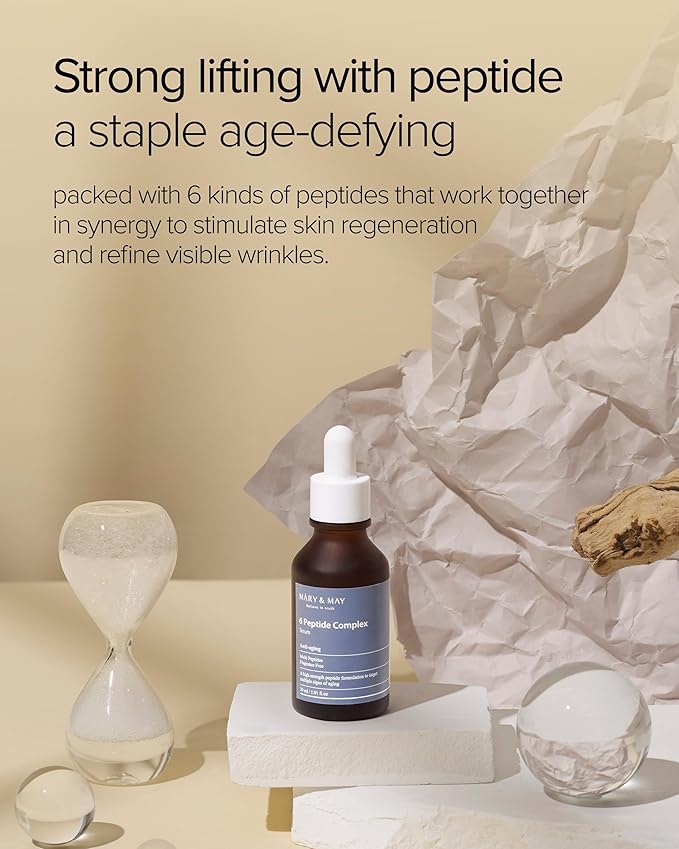 Mary&May 6 Peptide Complex Serum - Advanced Wrinkle Improvement with Firming and Lifting Effects - Korean Skincare - Fragrance Free, Hypoallergenic, Quick Absorbing, 1.01oz.