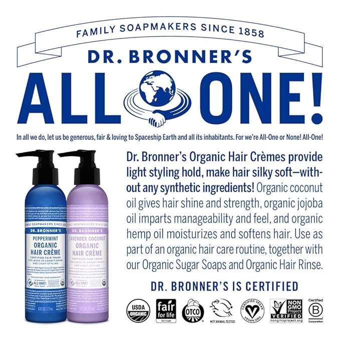 Dr. Bronner's Organic Hair Crème Leave-In Conditioner Styling Cream Anti Frizz Hair Product for Women & Men Hair Cream USDA Organic, Cruelty Free, Lavender Coconut & Peppermint - 6oz 2 Pack