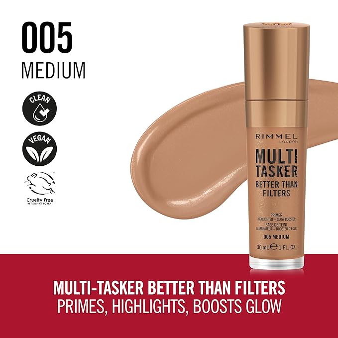 Rimmel Multi-Tasker Better Than Filters, 005 Medium, Face Primer, Glow Booster and Highlighter, Vegan Formula, Anti-Ageing Benefits, Light-Reflecting Pigments, Giant Soft-Touch Wand, 1oz