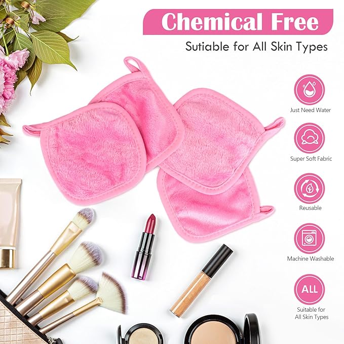 Orighty Makeup Remover Cloths 12 Pack, Makeup Removal Face Cleansing Cloth, Reusable Make-up Remover Pads Remove Instantly Dirt with Just Water, 5 x 5 in (Pink)