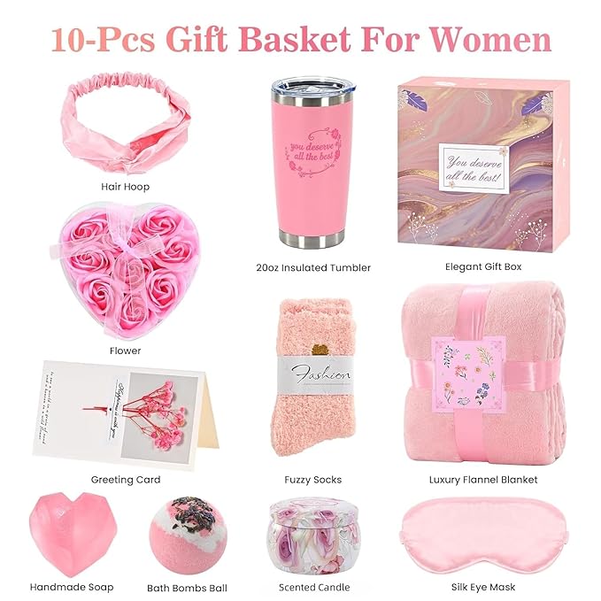 Luxury 10-Piece Gift Basket, High-End Spa Set, Birthday Gifts, Mother'S Day/Christmas/Valentine'S Day/Anniversary Gifts Exclusively for Women, Including Blankets, Tumbler, and Scented Candles.